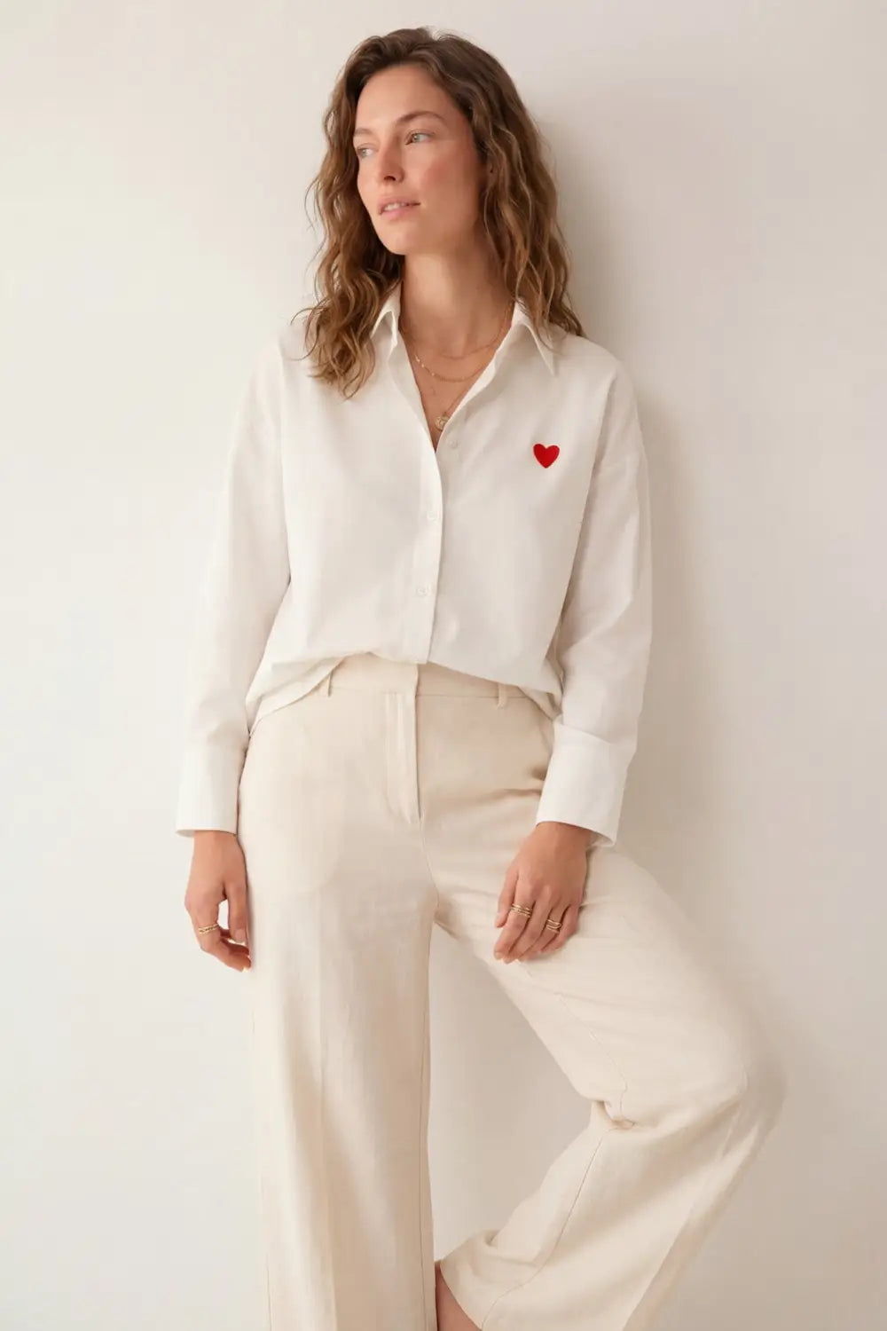 white Oxford Cotton Shirt with Embroidered red Heart Detail - Shirts