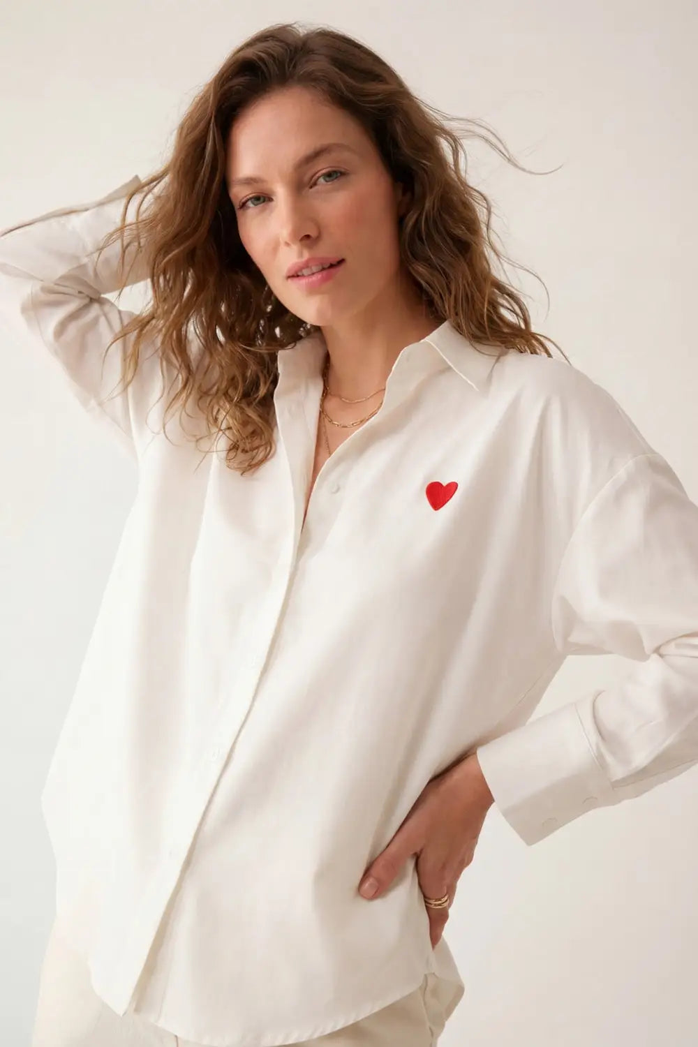 white Oxford Cotton Shirt with Embroidered red Heart Detail - Shirts