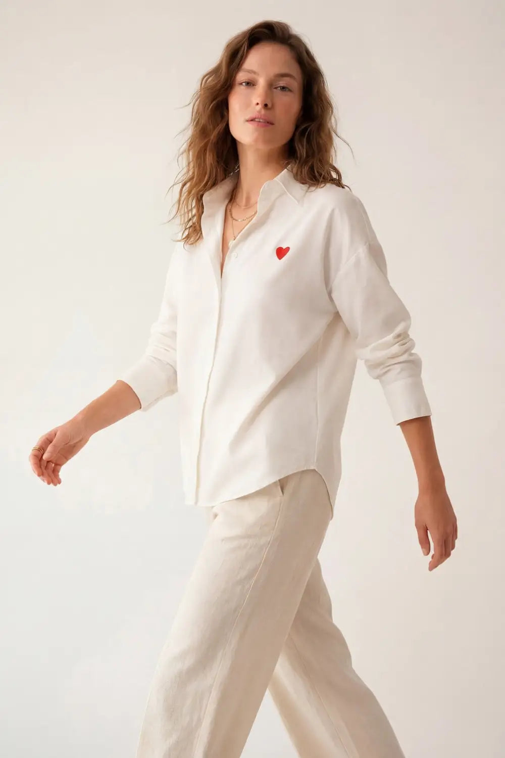white Oxford Cotton Shirt with Embroidered red Heart Detail - Shirts