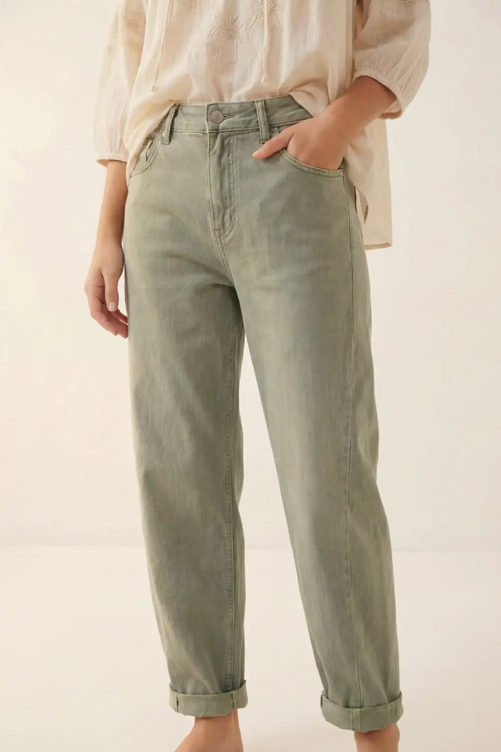 High-Rise Barrel-Leg Pants in Soft khaki color - Colored Jeans
