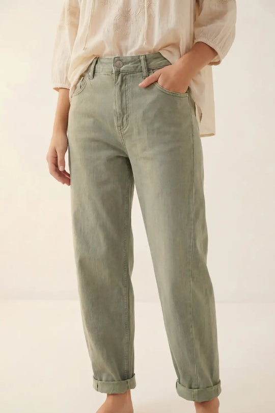 High-Rise Barrel-Leg Pants in Soft khaki color - Colored Jeans