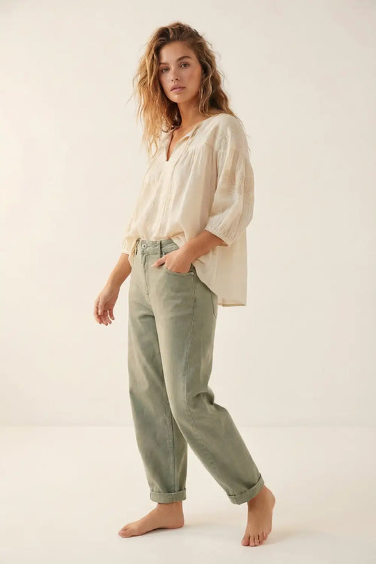 High-Rise Barrel-Leg Pants in Soft khaki color - Colored Jeans