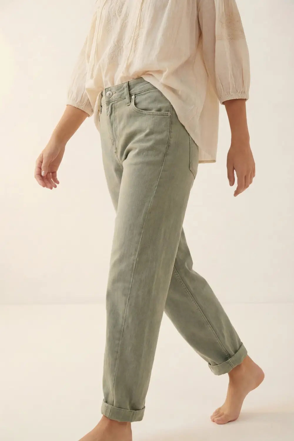 High-Rise Barrel-Leg Pants in Soft khaki color - Colored Jeans