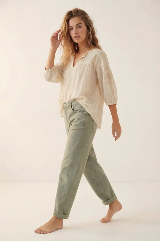 High-Rise Barrel-Leg Pants in Soft khaki color - Colored Jeans