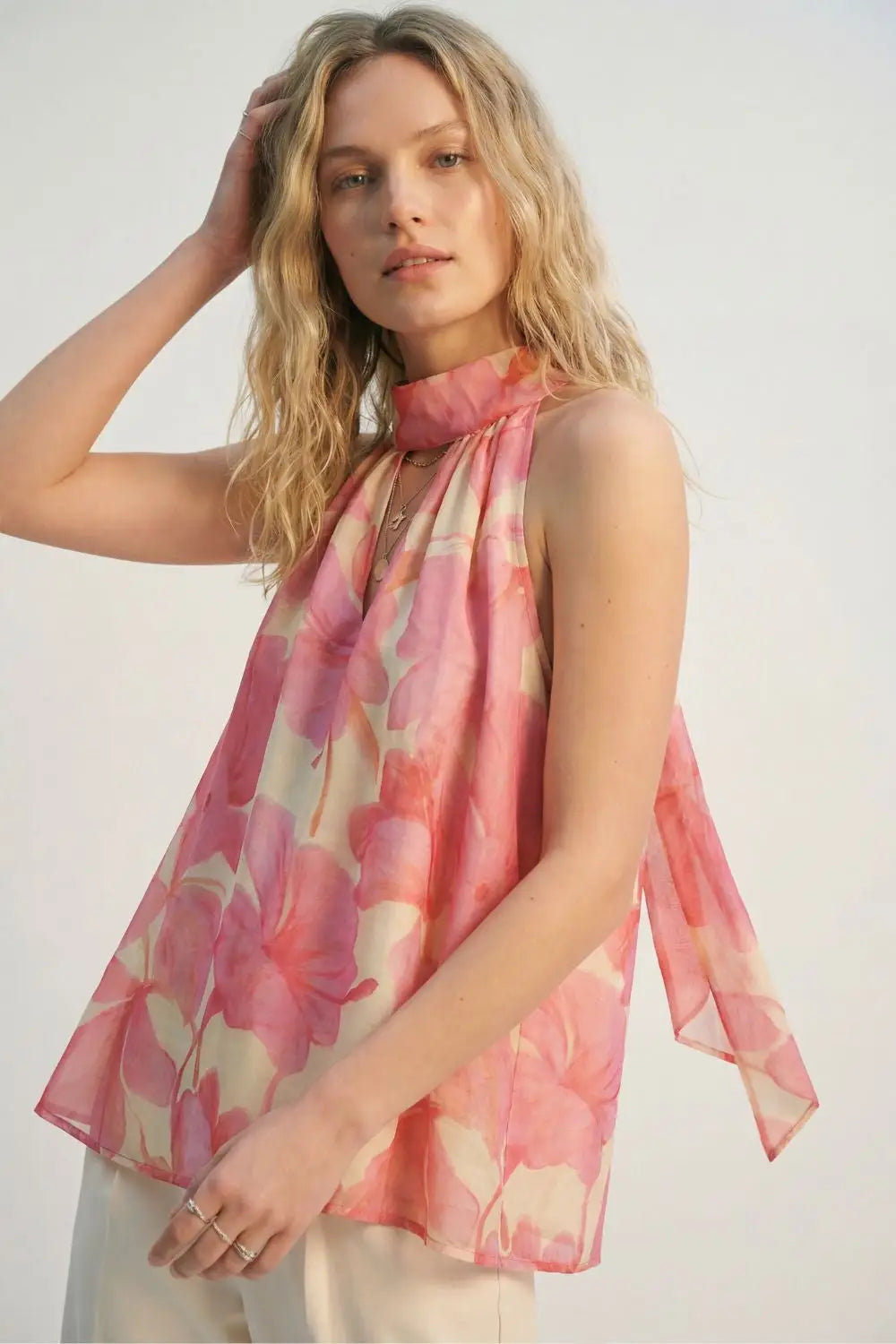 Pink Floral Soft Chiffon Halter Top - Tops