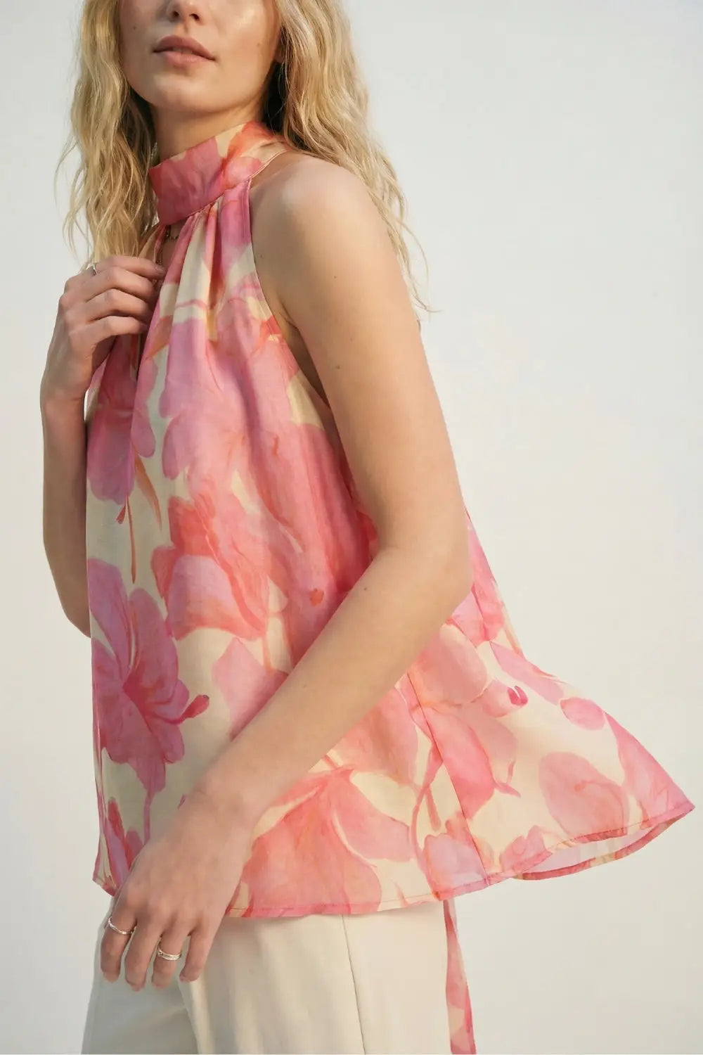 Pink Floral Soft Chiffon Halter Top - Tops