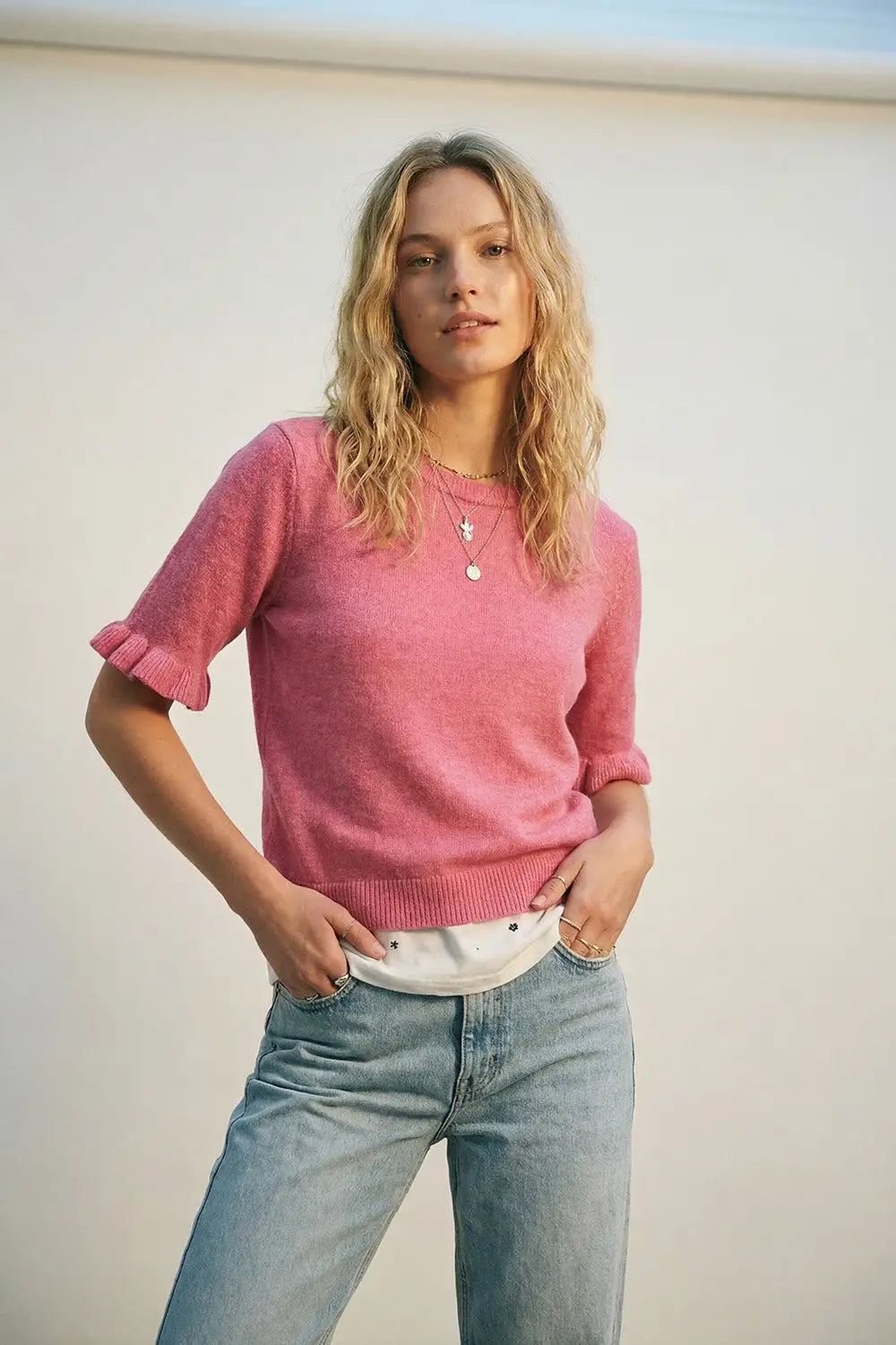Pink Soft fluffy Knit sweater with Ruffled Sleeve Detail - PINK / ONE - Sweaters
