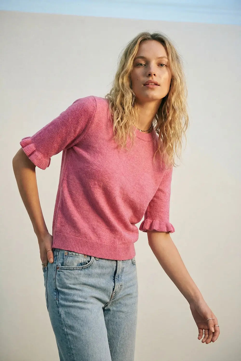 Pink Soft fluffy Knit sweater with Ruffled Sleeve Detail - PINK / ONE - Sweaters