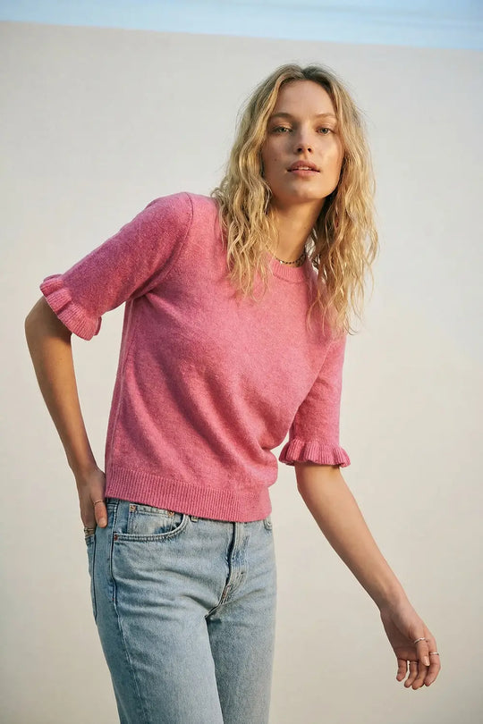 Pink Soft fluffy Knit sweater with Ruffled Sleeve Detail - PINK / ONE - Sweaters
