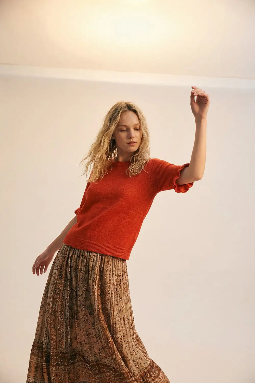 Orange Soft fluffy Knit sweater with Ruffled Sleeve Detail - ORANGE / ONE - Sweaters