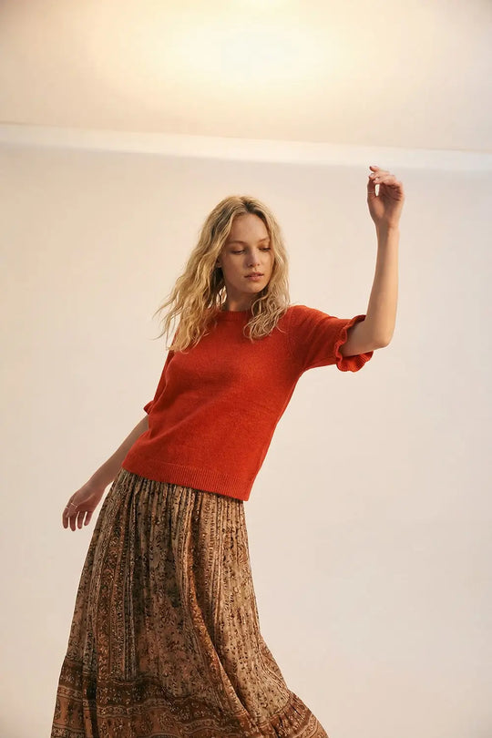 Orange Soft fluffy Knit sweater with Ruffled Sleeve Detail - ORANGE / ONE - Sweaters