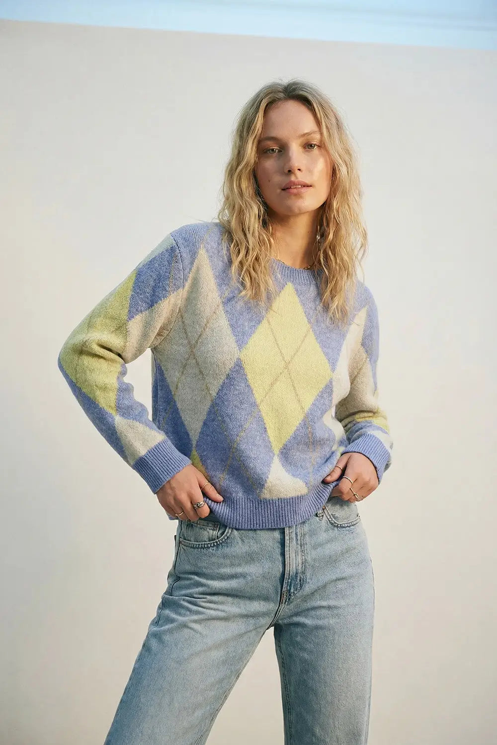 Blue and yellow diamond patterned sweater in soft fluffy knit - BLUE / ONE - Sweaters