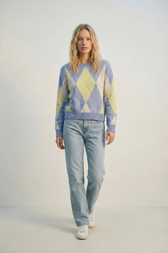 Blue and yellow diamond patterned sweater in soft fluffy knit - BLUE / ONE - Sweaters