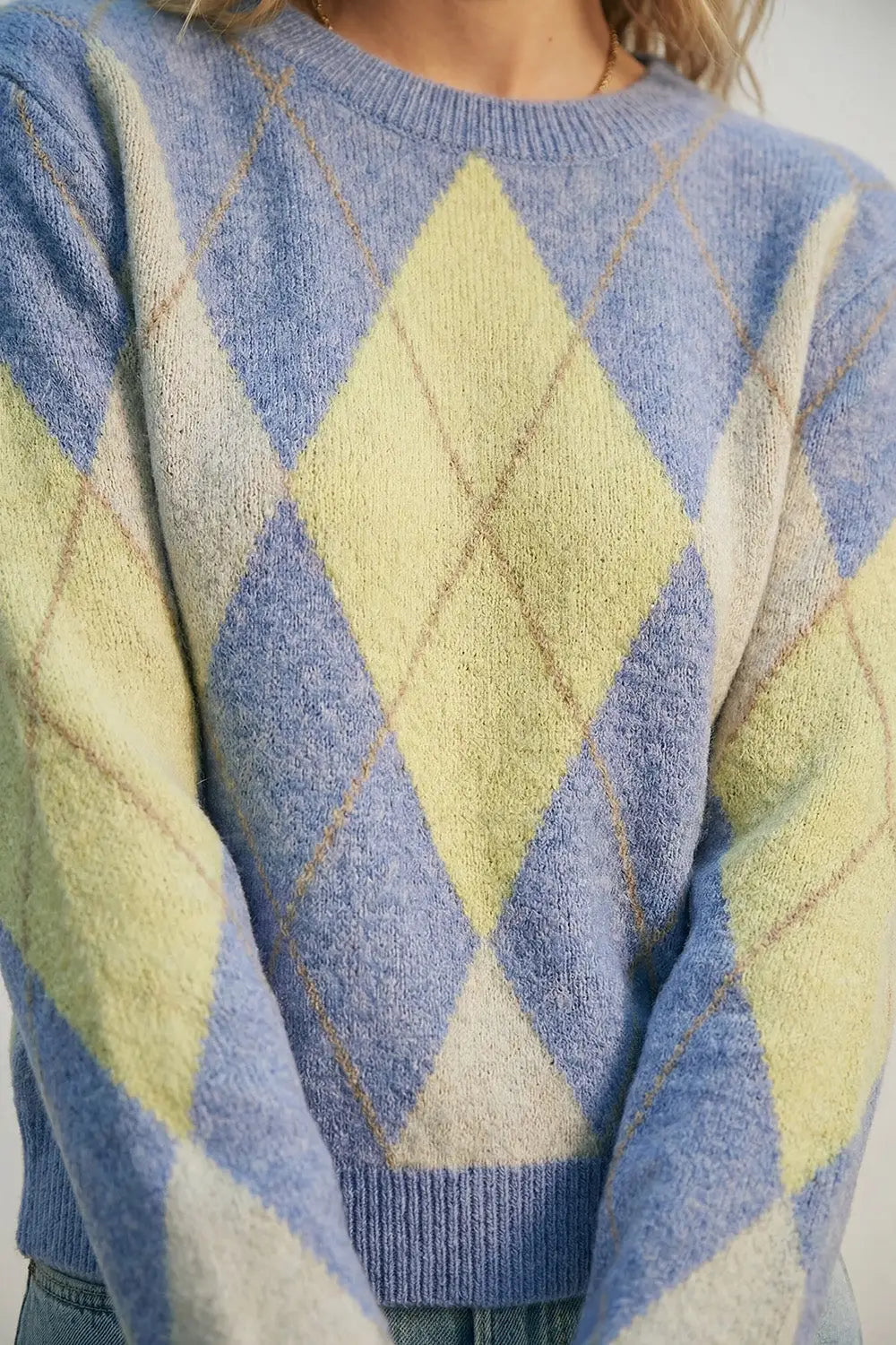 Blue and yellow diamond patterned sweater in soft fluffy knit - BLUE / ONE - Sweaters