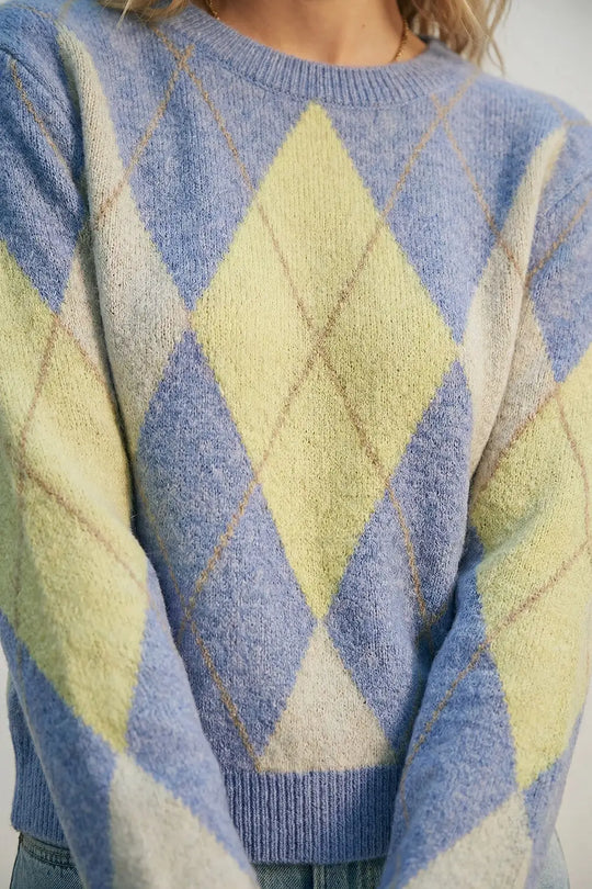 Blue and yellow diamond patterned sweater in soft fluffy knit - BLUE / ONE - Sweaters