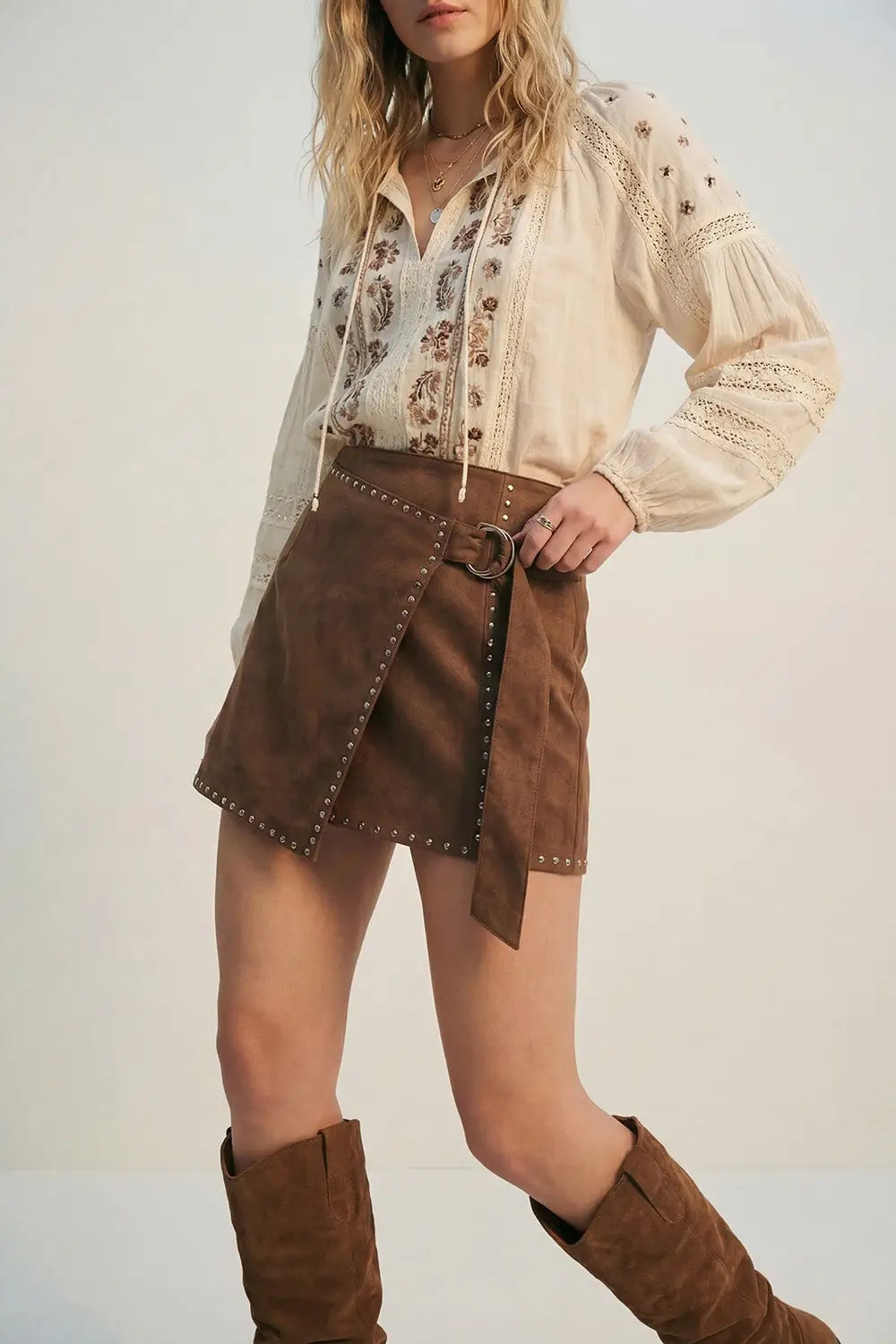 Brown Studded Wrap Mini Skirt with Belt Detail - Skirts