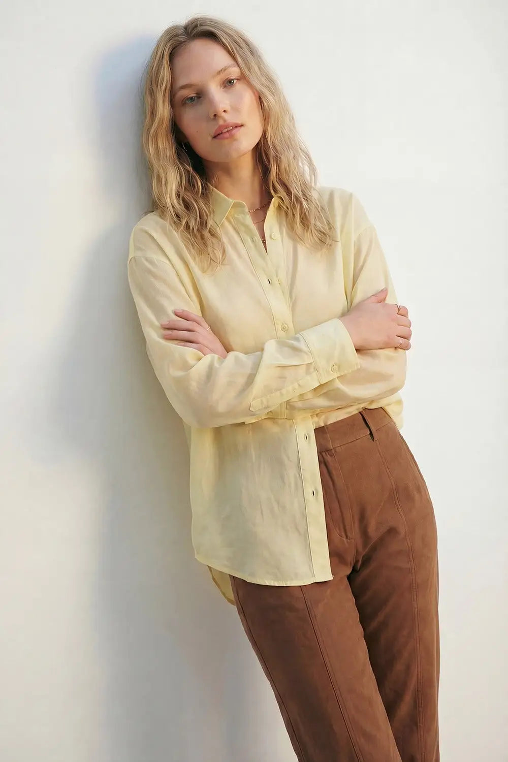 Yellow shiny satin shirt Button-Down Shirt with Relaxed Fit - Shirts