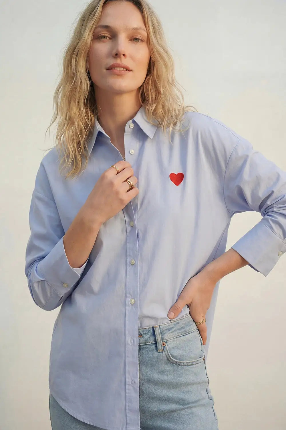 blue Oxford Cotton Shirt with Embroidered red Heart Detail - Shirts