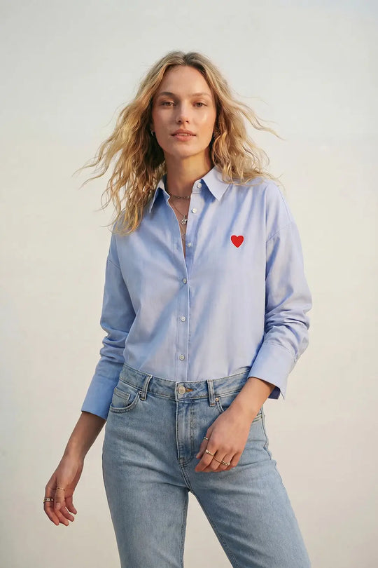blue Oxford Cotton Shirt with Embroidered red Heart Detail - Shirts