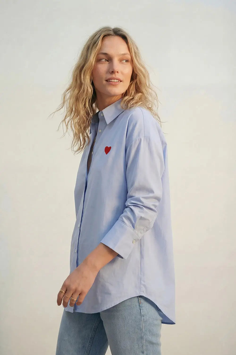 blue Oxford Cotton Shirt with Embroidered red Heart Detail - Shirts