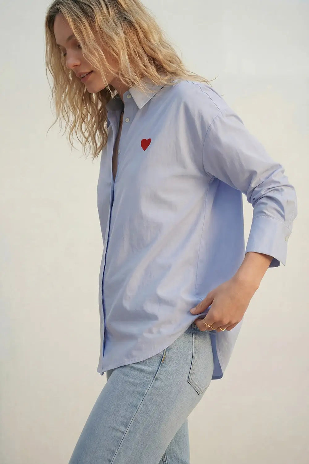 blue Oxford Cotton Shirt with Embroidered red Heart Detail - Shirts