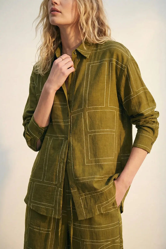 Olive Fine Fluid-Fabric Shirt with Graphic Print - Shirts