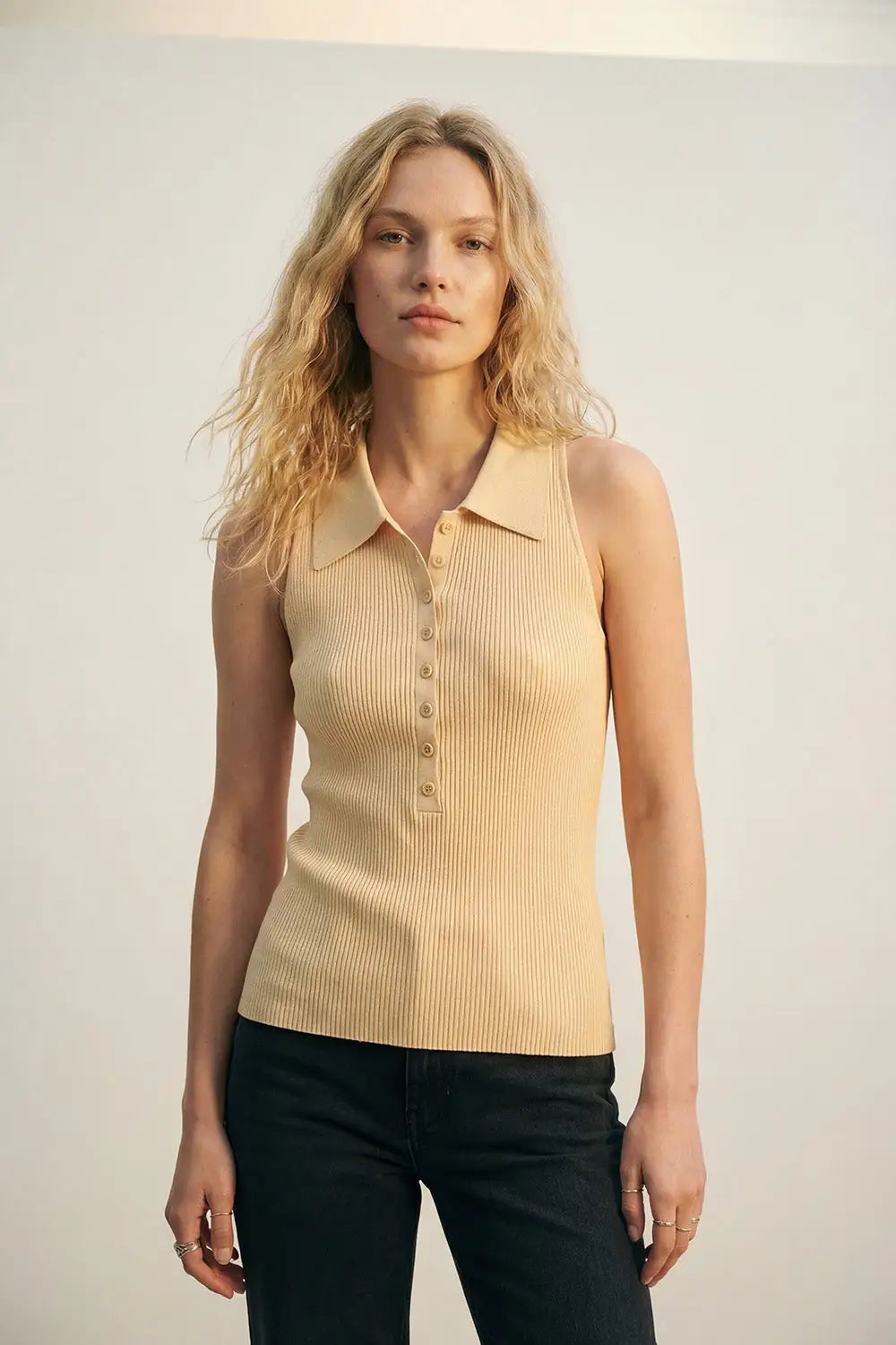 Ribbed knitted top with polo neck in butter yellow - Sweaters