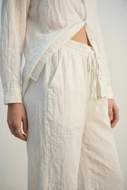 Cream Lightweight Crinkled Wide-Leg Pants with Elastic Waist - Pants
