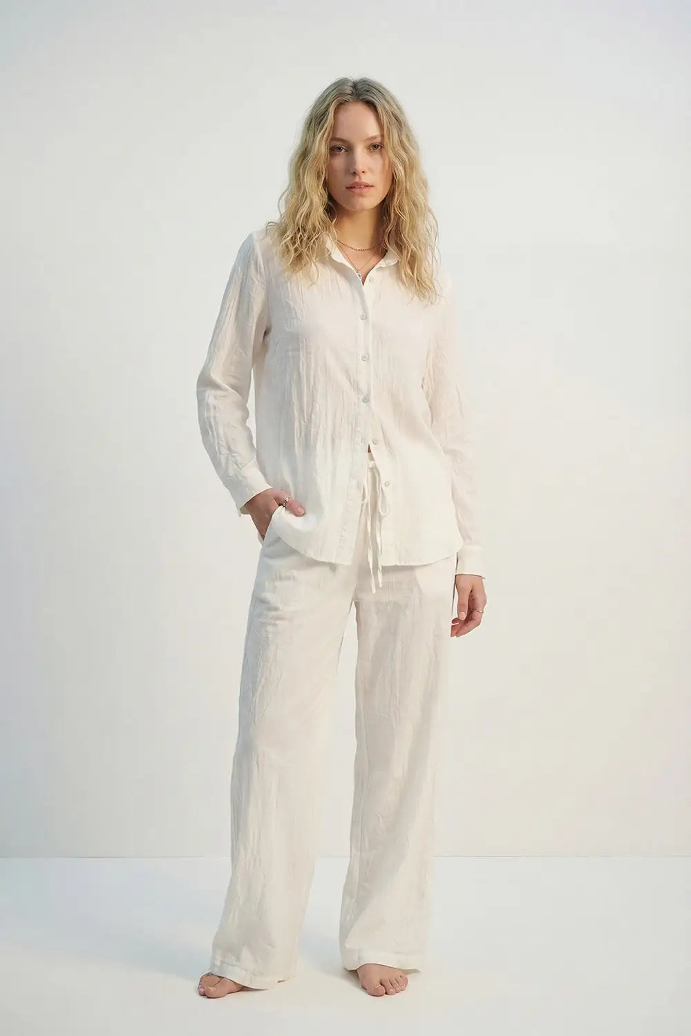Cream Lightweight Crinkled Wide-Leg Pants with Elastic Waist - Pants