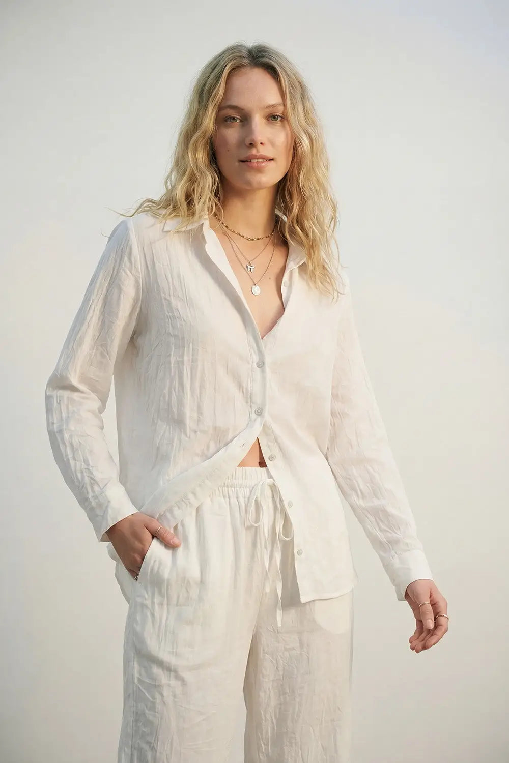Cream Lightweight Crinkled Wide-Leg Pants with Elastic Waist - Pants