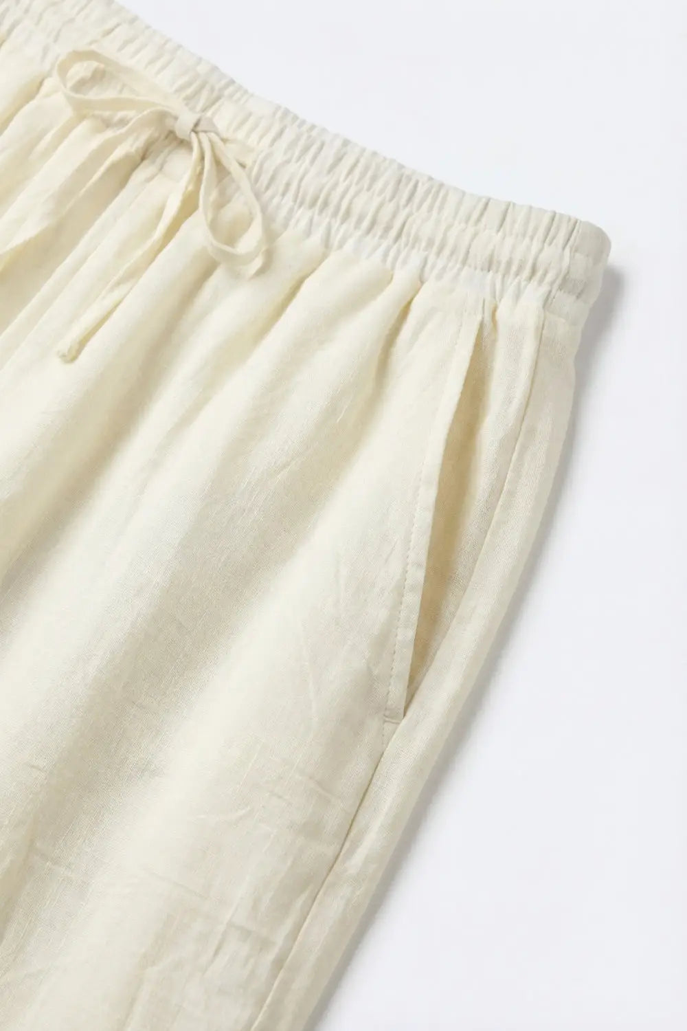Cream Lightweight Crinkled Wide-Leg Pants with Elastic Waist - Pants