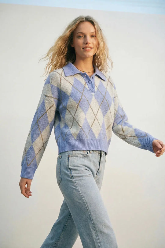 Fluffy Argyle Knit Sweater in blue with Polo Collar - BLUE / ONE - Sweaters