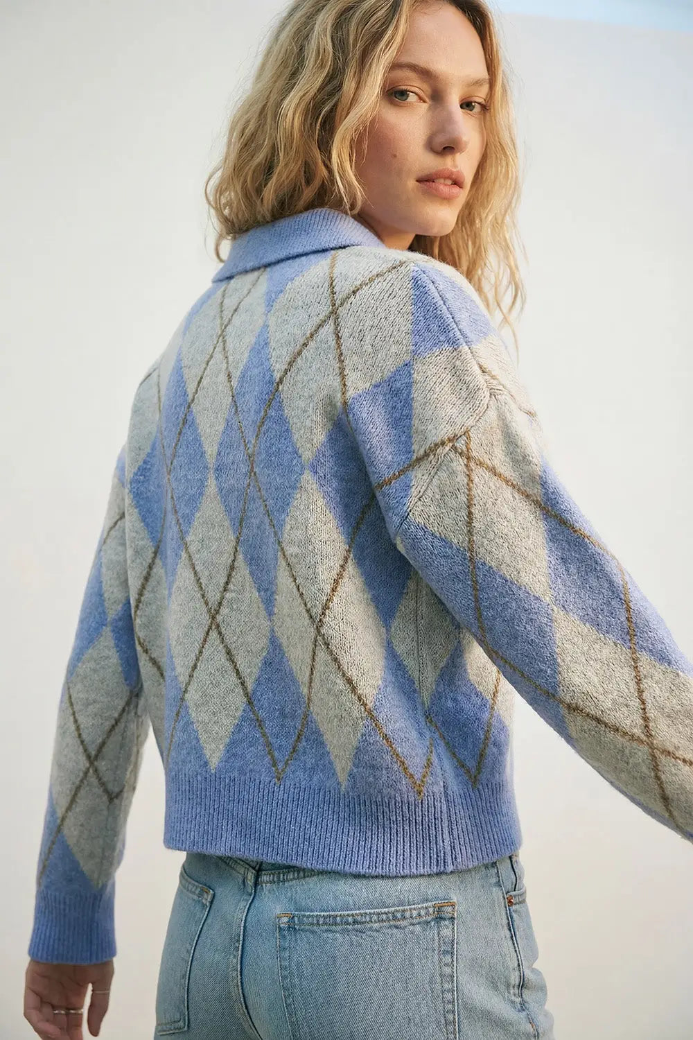 Fluffy Argyle Knit Sweater in blue with Polo Collar - BLUE / ONE - Sweaters