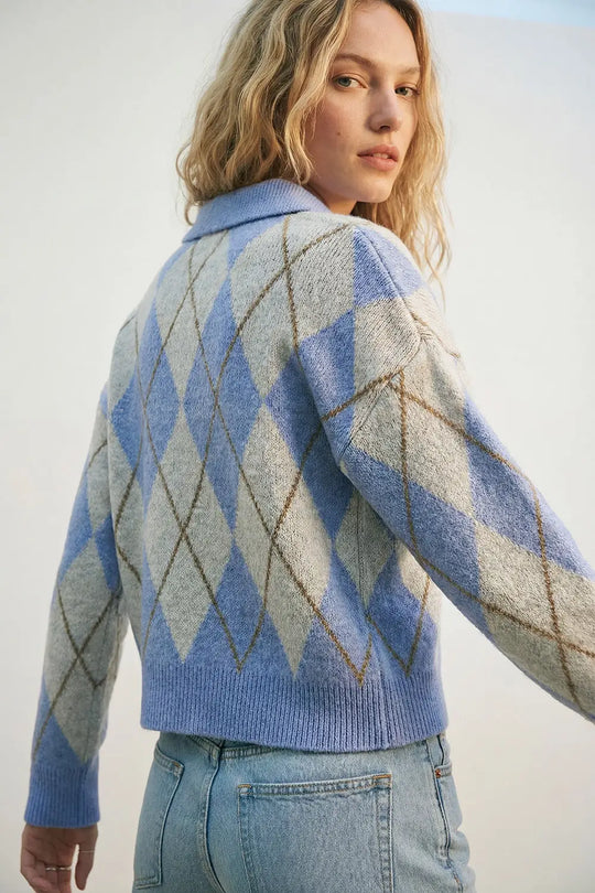 Fluffy Argyle Knit Sweater in blue with Polo Collar - BLUE / ONE - Sweaters