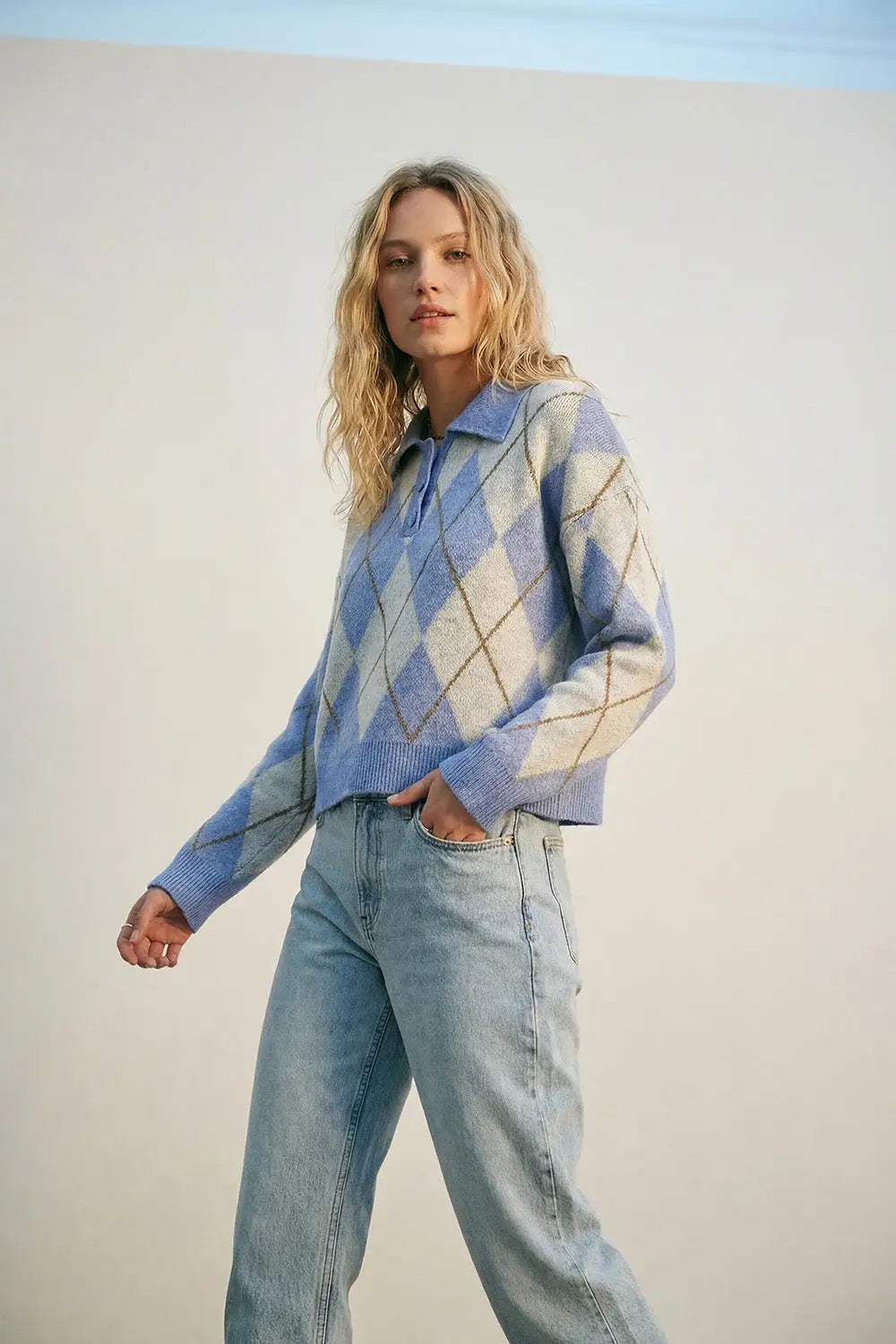 Fluffy Argyle Knit Sweater in blue with Polo Collar - BLUE / ONE - Sweaters