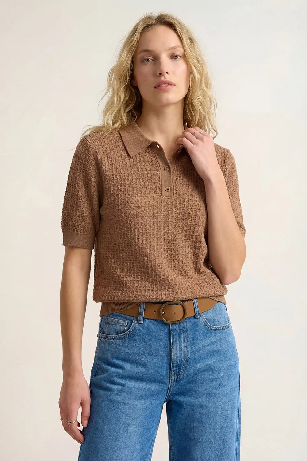 Textured Knit Polo Sweater with Short Sleeves in Camel - Sweaters