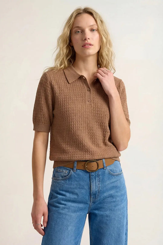 Textured Knit Polo Sweater with Short Sleeves in Camel - Sweaters