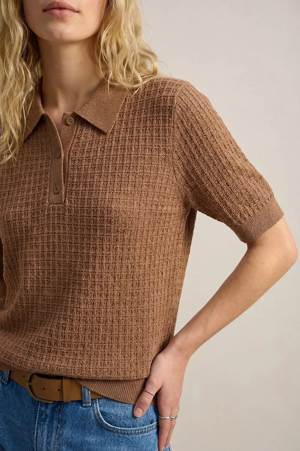 Textured Knit Polo Sweater with Short Sleeves in Camel - Sweaters