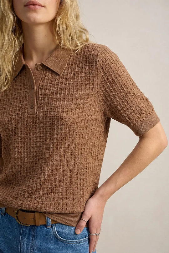 Textured Knit Polo Sweater with Short Sleeves in Camel - Sweaters