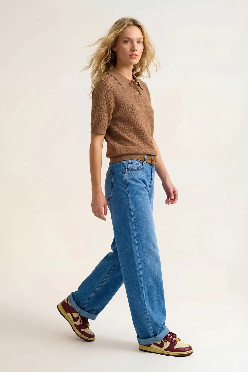 Textured Knit Polo Sweater with Short Sleeves in Camel - Sweaters