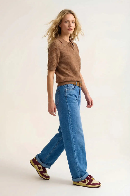 Textured Knit Polo Sweater with Short Sleeves in Camel - Sweaters