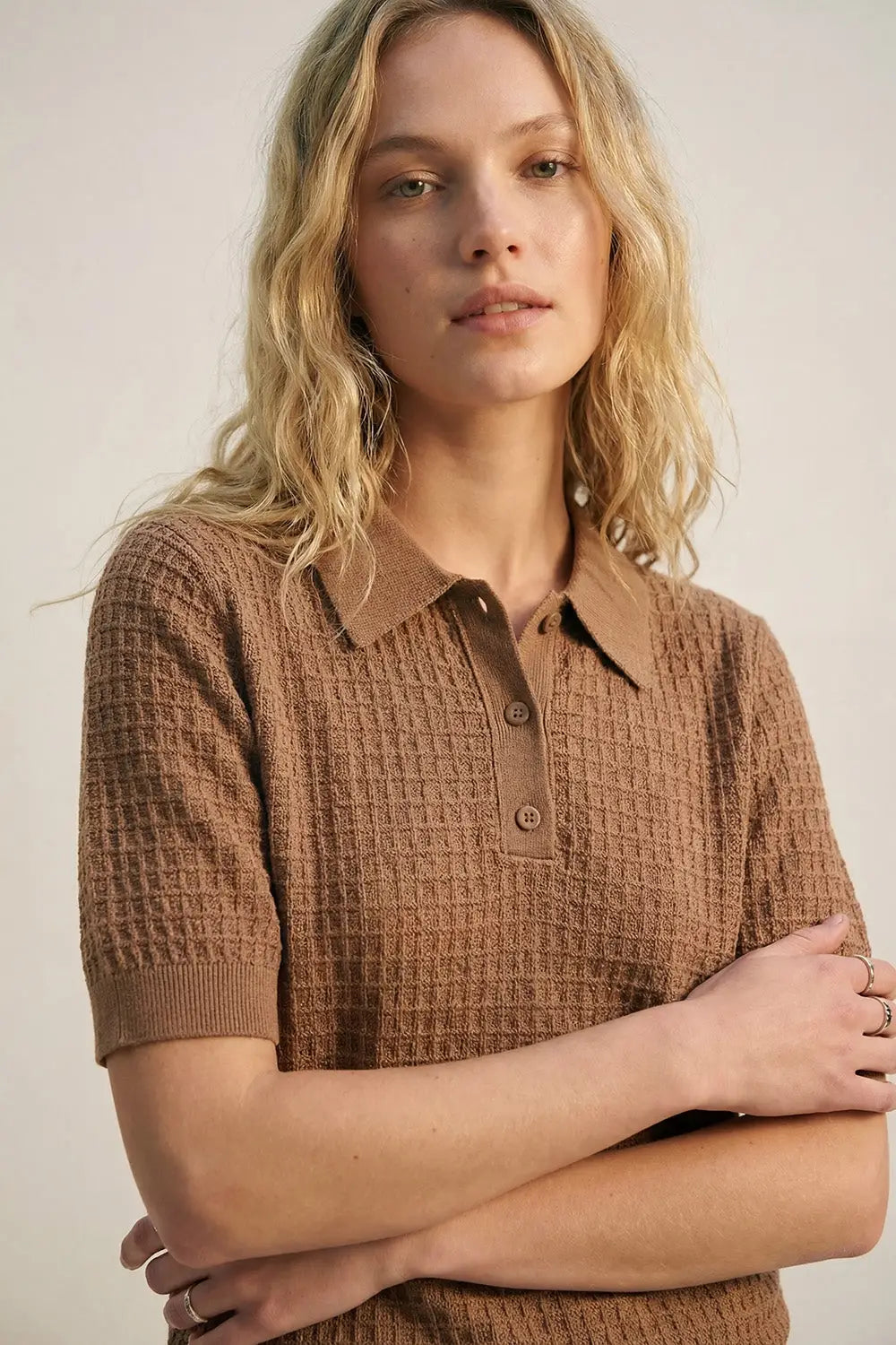 Textured Knit Polo Sweater with Short Sleeves in Camel - Sweaters