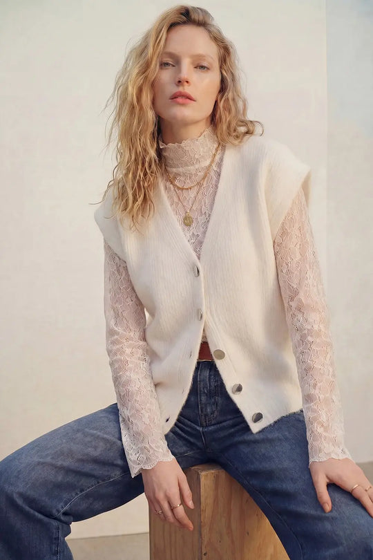 cream Sleeveless Cardigan with Lace Insert and Silver Buttons - CREAM / ONE - Cardigans
