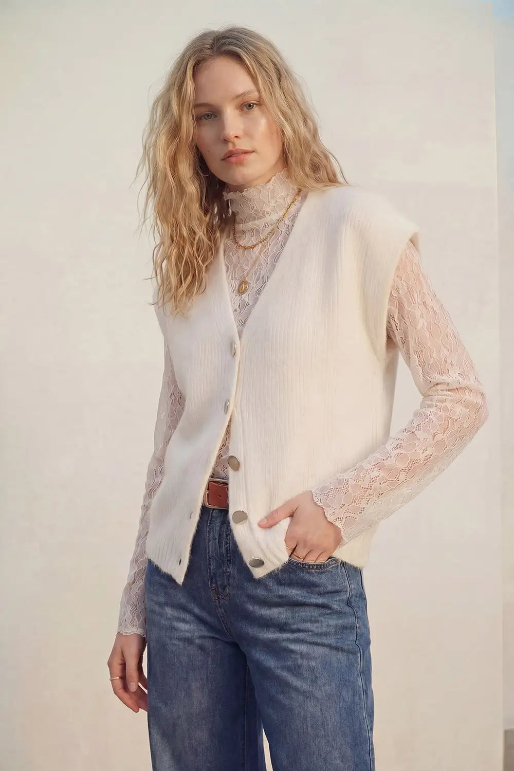 cream Sleeveless Cardigan with Lace Insert and Silver Buttons - CREAM / ONE - Cardigans