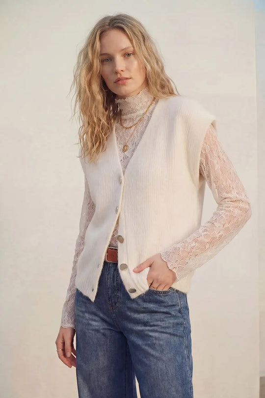 cream Sleeveless Cardigan with Lace Insert and Silver Buttons - CREAM / ONE - Cardigans