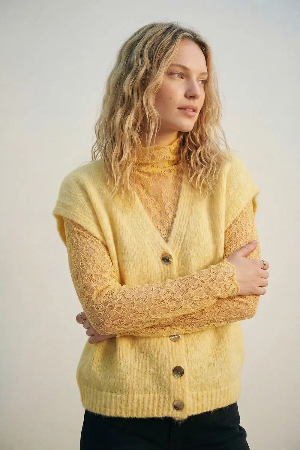 Yellow Sleeveless Cardigan with Lace Insert and Silver Buttons - YELLOW / ONE - Cardigans