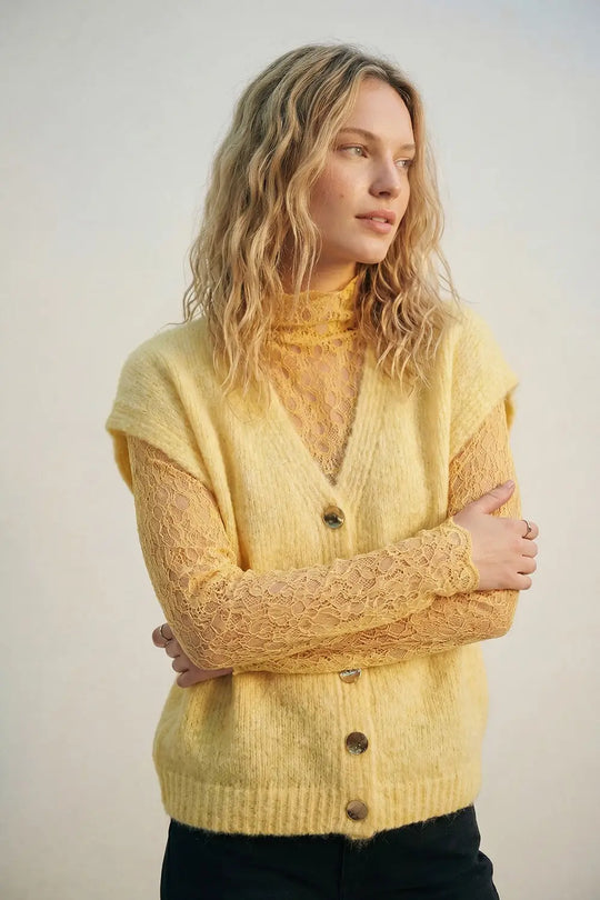 Yellow Sleeveless Cardigan with Lace Insert and Silver Buttons - YELLOW / ONE - Cardigans