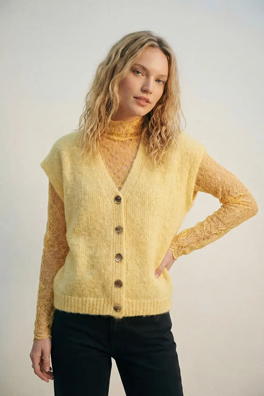 Yellow Sleeveless Cardigan with Lace Insert and Silver Buttons - YELLOW / ONE - Cardigans