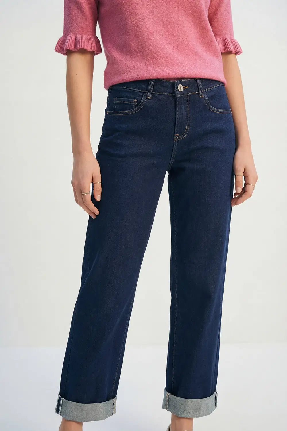 Dark Wash Wide-Leg Denim Jeans with Cuffed Hem