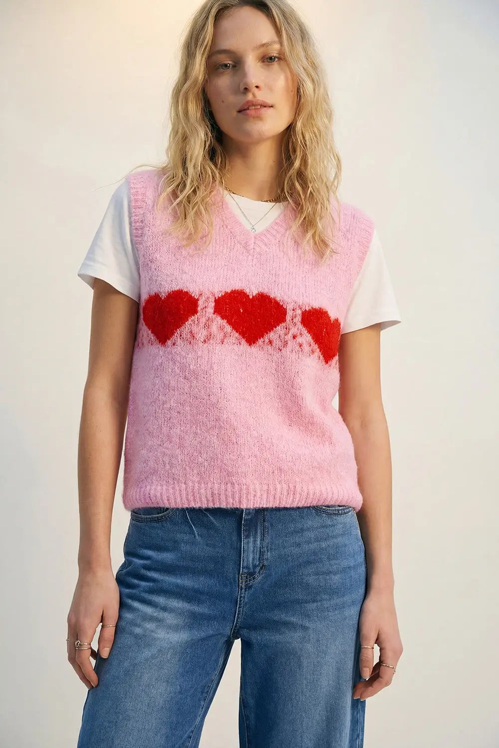Relaxed-Fit Fluffy pink Knit Vest with Heart Motif - Sweaters